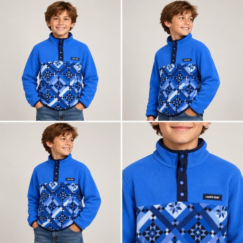 Lands End Fleece Pullover Youth M 10-12 Blue Snowflake Geometric Snap Neck